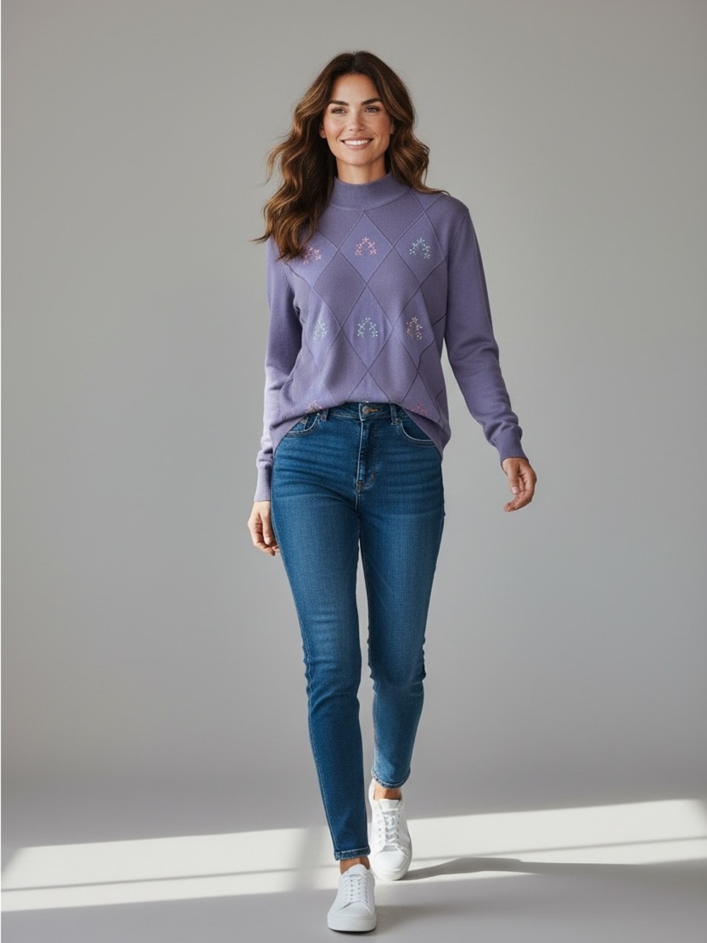 Vintage Alfred Dunner Purple Diamond-Pattern Turtleneck Sweater - Picture 2 of 4